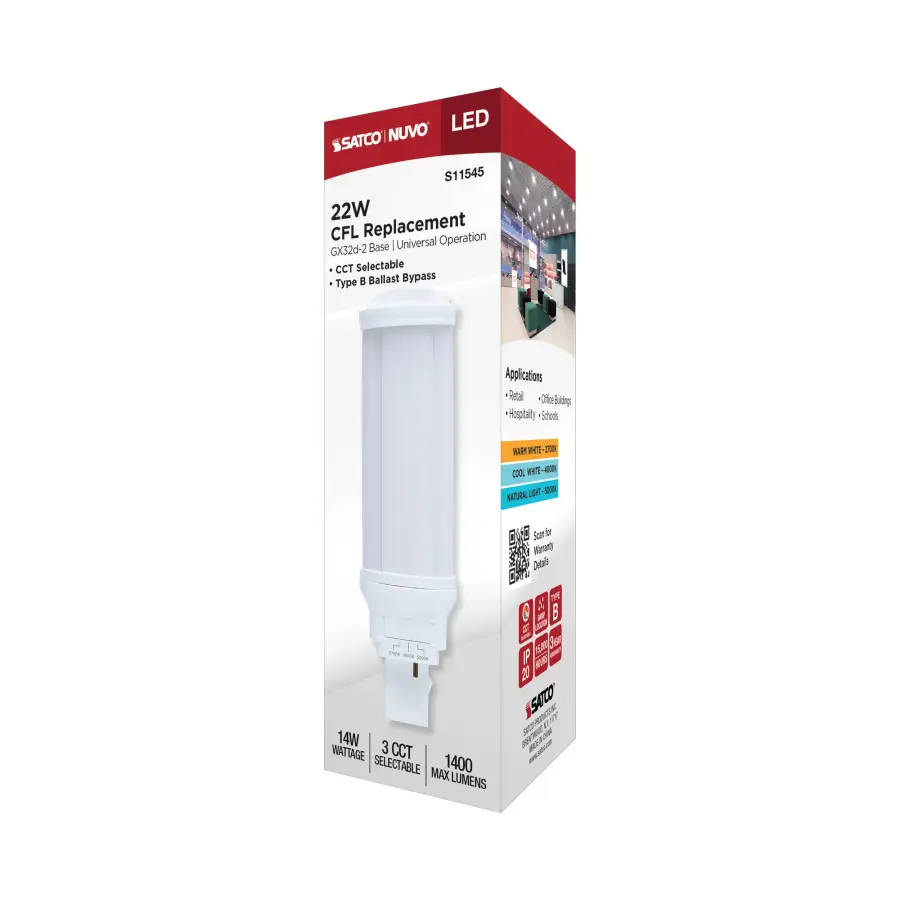 14 Watt LED PL - 27K/4K/5K CCT Selectable - GX32d-2 Base - 22W CFL Replacement - Type B Ballast Bypass - 120-277 Range Voltage - Image 10