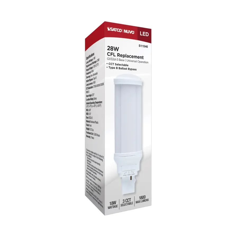 18 Watt LED PL - 27K/4K/5K CCT Selectable - GX32d-3 Base - 28W CFL Replacement - Type B Ballast Bypass - 120-277 Range Voltage - Image 9