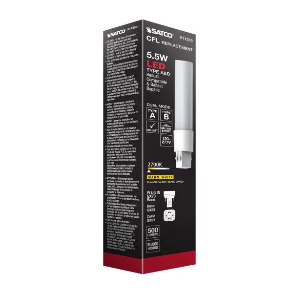 5.5 Watt LED PL 2-PIN Dual Mode - 2700K - 500 Lumens - GX23 base - 50000 Average rated hours - 120 deg. Beam Angle - Type A/B Ballast Dependent or Ballast Bypass - 120-277 Volt - Image 13