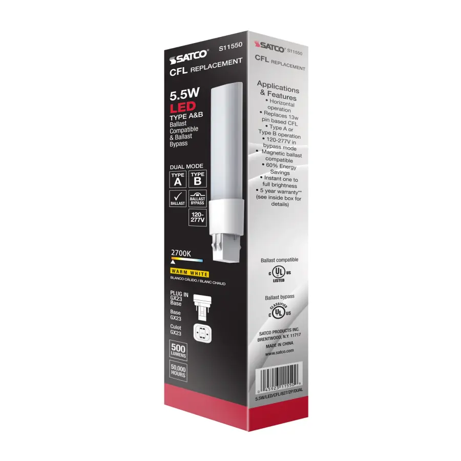 5.5 Watt LED PL 2-PIN Dual Mode - 2700K - 500 Lumens - GX23 base - 50000 Average rated hours - 120 deg. Beam Angle - Type A/B Ballast Dependent or Ballast Bypass - 120-277 Volt - Image 14