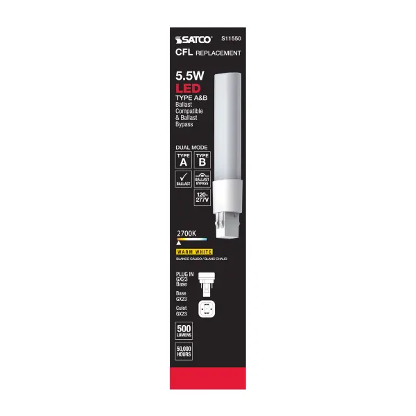 5.5 Watt LED PL 2-PIN Dual Mode - 2700K - 500 Lumens - GX23 base - 50000 Average rated hours - 120 deg. Beam Angle - Type A/B Ballast Dependent or Ballast Bypass - 120-277 Volt - Image 8