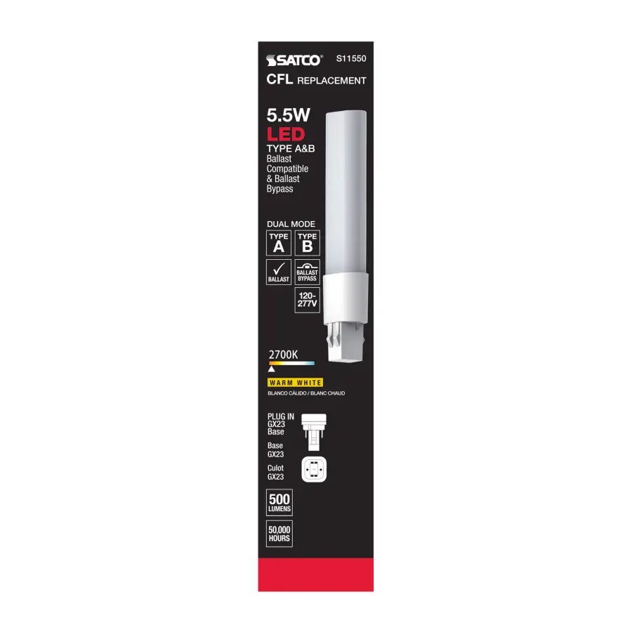 5.5 Watt LED PL 2-PIN Dual Mode - 2700K - 500 Lumens - GX23 base - 50000 Average rated hours - 120 deg. Beam Angle - Type A/B Ballast Dependent or Ballast Bypass - 120-277 Volt - Image 8