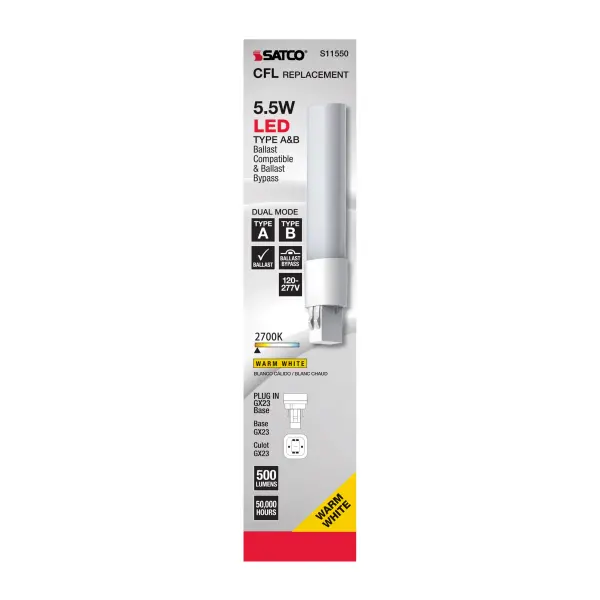 5.5 Watt LED PL 2-PIN Dual Mode - 2700K - 500 Lumens - GX23 base - 50000 Average rated hours - 120 deg. Beam Angle - Type A/B Ballast Dependent or Ballast Bypass - 120-277 Volt - Image 9