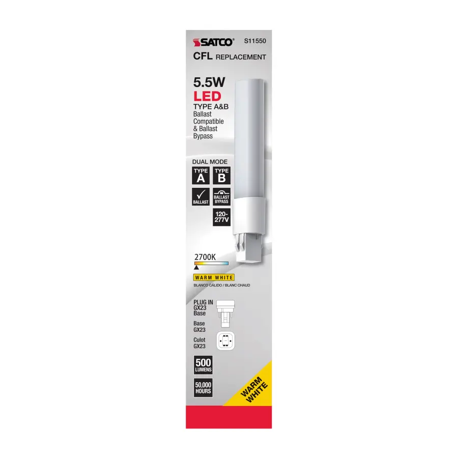 5.5 Watt LED PL 2-PIN Dual Mode - 2700K - 500 Lumens - GX23 base - 50000 Average rated hours - 120 deg. Beam Angle - Type A/B Ballast Dependent or Ballast Bypass - 120-277 Volt - Image 9