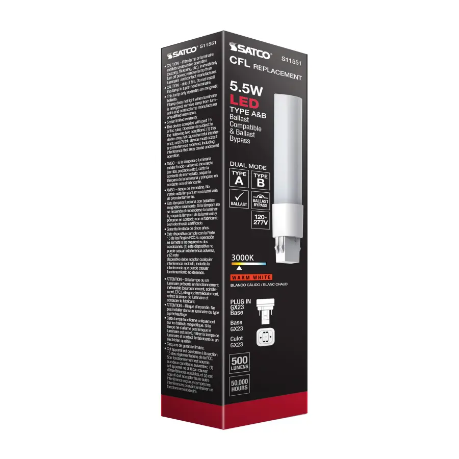 5.5 Watt LED PL 2-PIN Dual Mode - 3000K - 500 Lumens - GX23 base - 50000 Average rated hours - 120 deg. Beam Angle - Type A/B Ballast Dependent or Ballast Bypass - 120-277 Volt - Image 14