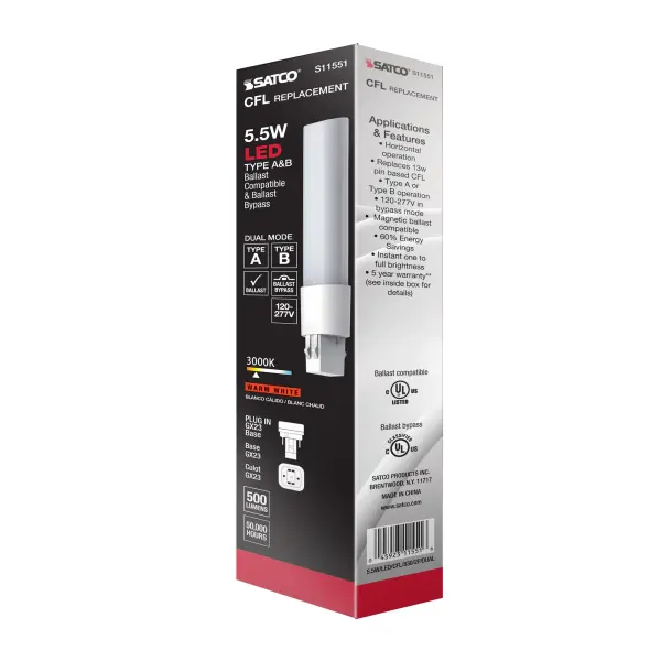 5.5 Watt LED PL 2-PIN Dual Mode - 3000K - 500 Lumens - GX23 base - 50000 Average rated hours - 120 deg. Beam Angle - Type A/B Ballast Dependent or Ballast Bypass - 120-277 Volt - Image 15