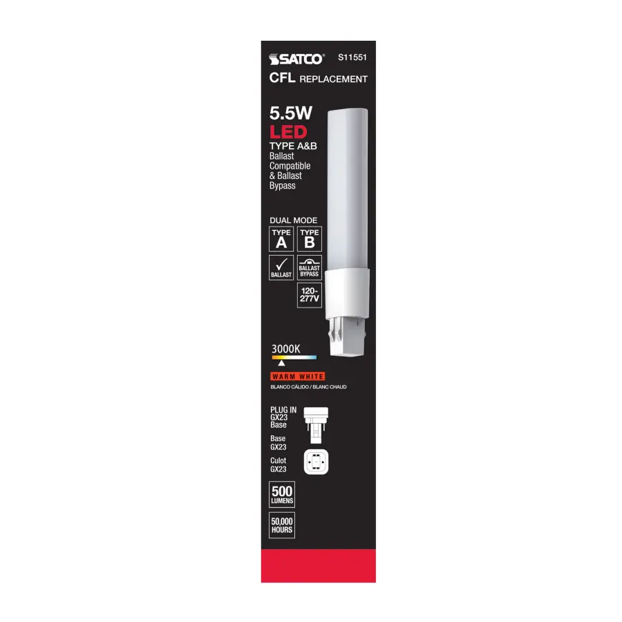5.5 Watt LED PL 2-PIN Dual Mode - 3000K - 500 Lumens - GX23 base - 50000 Average rated hours - 120 deg. Beam Angle - Type A/B Ballast Dependent or Ballast Bypass - 120-277 Volt - Image 9