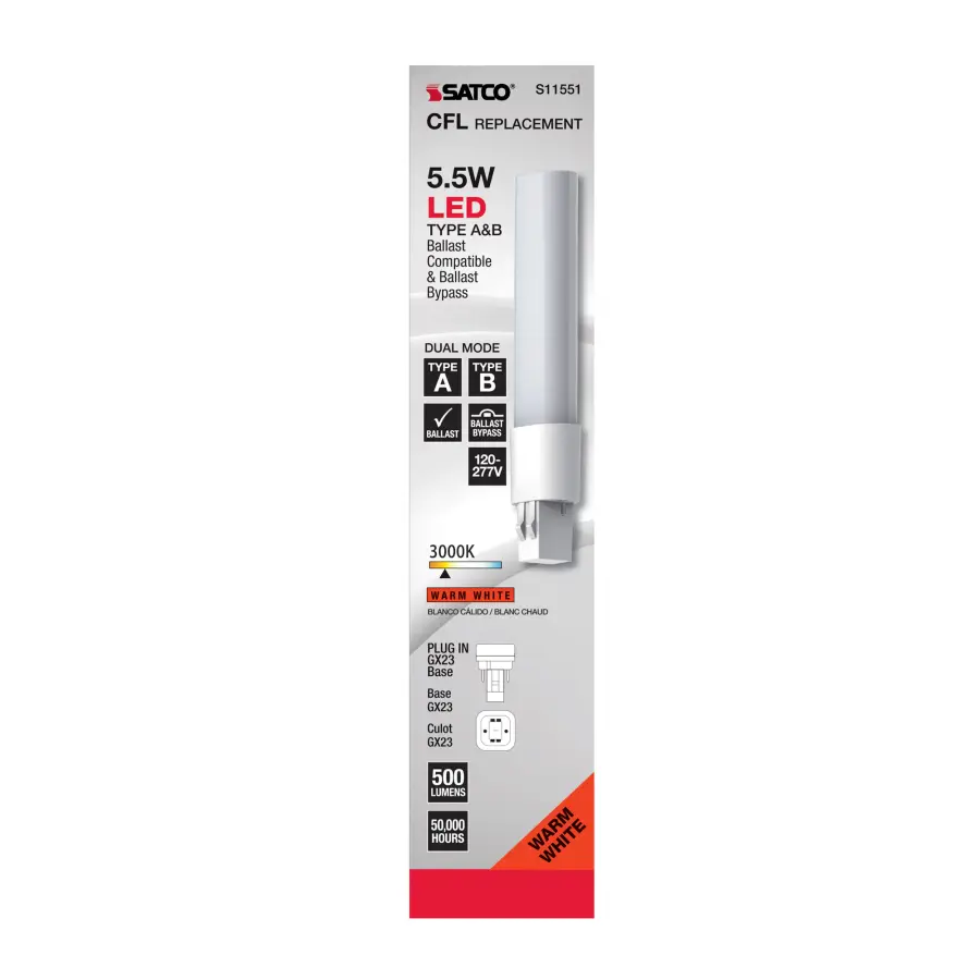 5.5 Watt LED PL 2-PIN Dual Mode - 3000K - 500 Lumens - GX23 base - 50000 Average rated hours - 120 deg. Beam Angle - Type A/B Ballast Dependent or Ballast Bypass - 120-277 Volt - Image 10