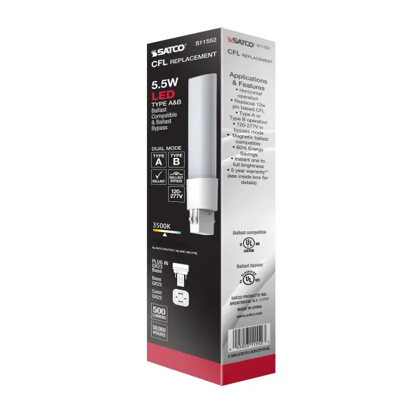 5.5 Watt LED PL 2-PIN Dual Mode - 3500K - 500 Lumens - GX23 base - 50000 Average rated hours - 120 deg. Beam Angle - Type A/B Ballast Dependent or Ballast Bypass - 120-277 Volt - Image 14