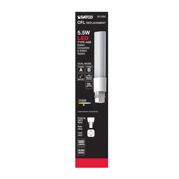 5.5 Watt LED PL 2-PIN Dual Mode - 3500K - 500 Lumens - GX23 base - 50000 Average rated hours - 120 deg. Beam Angle - Type A/B Ballast Dependent or Ballast Bypass - 120-277 Volt - Image 8