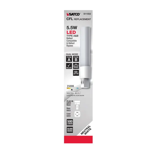 5.5 Watt LED PL 2-PIN Dual Mode - 3500K - 500 Lumens - GX23 base - 50000 Average rated hours - 120 deg. Beam Angle - Type A/B Ballast Dependent or Ballast Bypass - 120-277 Volt - Image 9