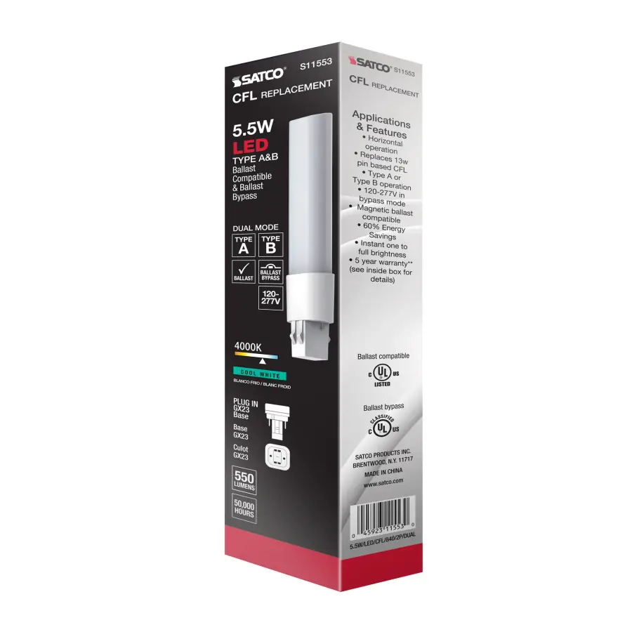 5.5 Watt LED PL 2-PIN Dual Mode - 4000K - 550 Lumens - GX23 base - 50000 Average rated hours - 120 deg. Beam Angle - Type A/B Ballast Dependent or Ballast Bypass - 120-277 Volt - Image 14