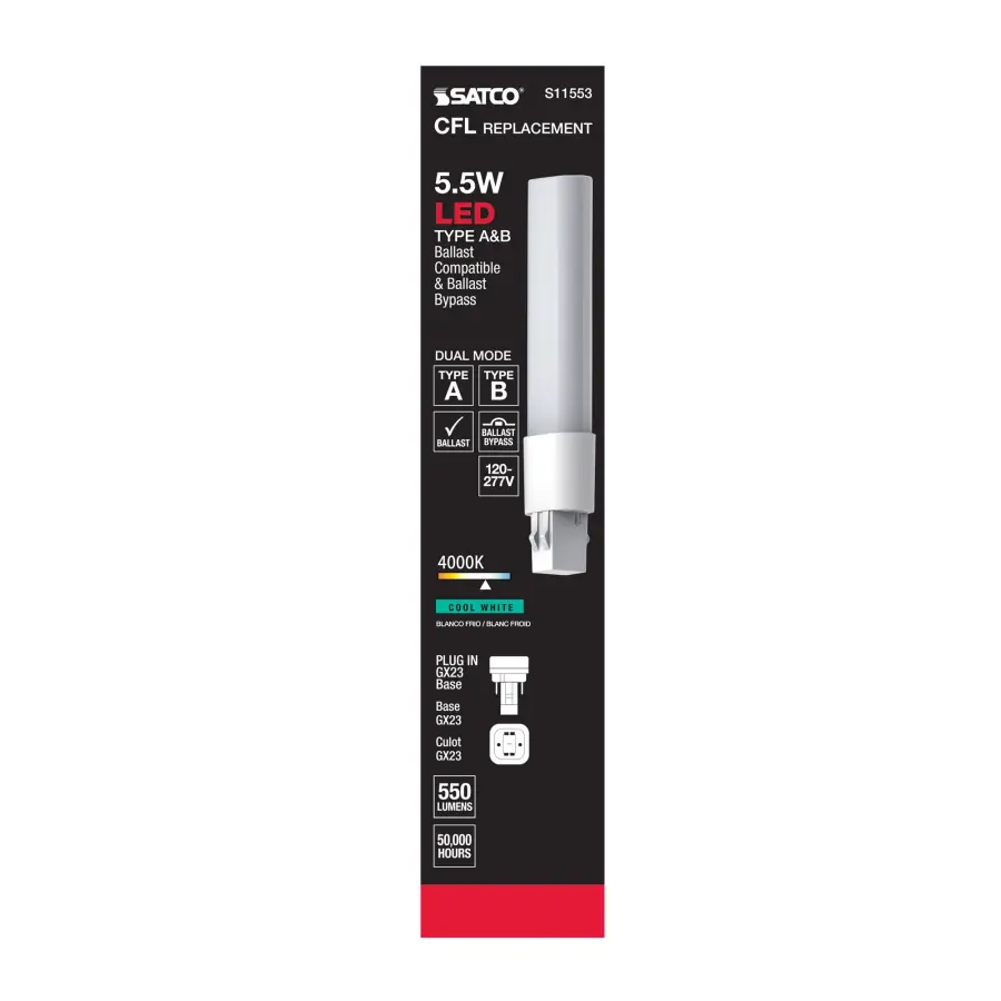 5.5 Watt LED PL 2-PIN Dual Mode - 4000K - 550 Lumens - GX23 base - 50000 Average rated hours - 120 deg. Beam Angle - Type A/B Ballast Dependent or Ballast Bypass - 120-277 Volt - Image 8