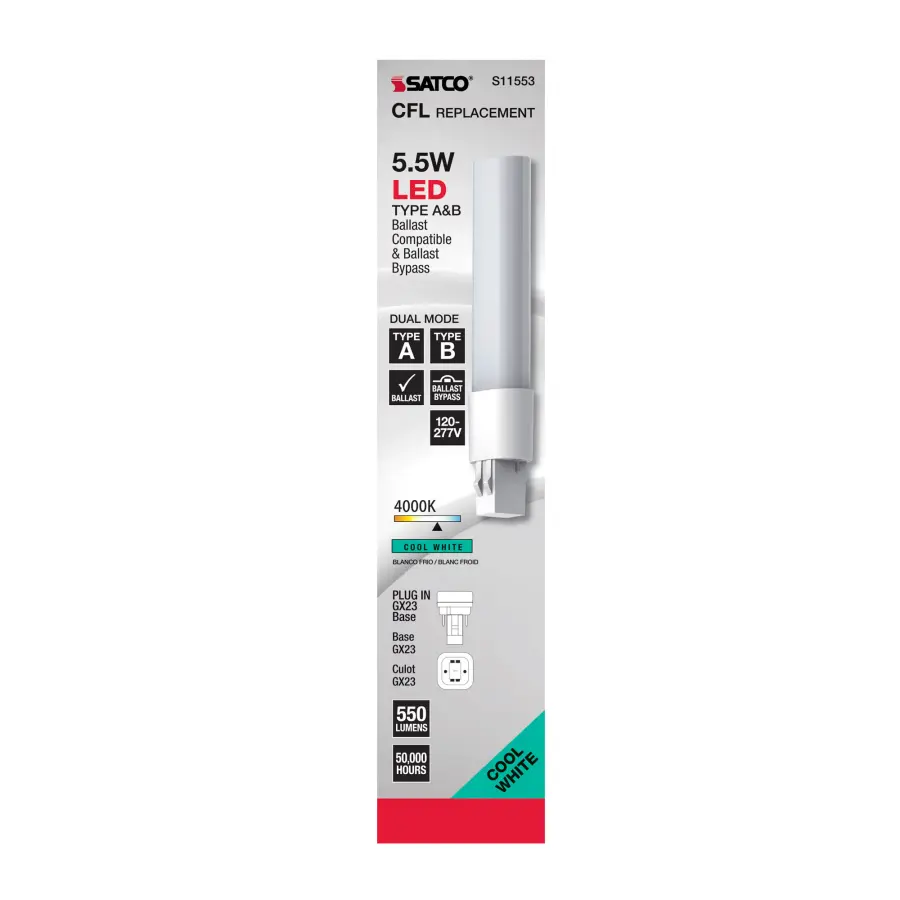 5.5 Watt LED PL 2-PIN Dual Mode - 4000K - 550 Lumens - GX23 base - 50000 Average rated hours - 120 deg. Beam Angle - Type A/B Ballast Dependent or Ballast Bypass - 120-277 Volt - Image 9