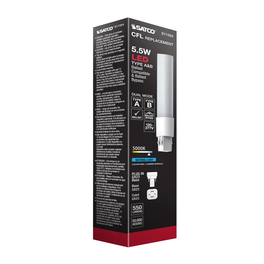 5.5 Watt LED PL 2-PIN Dual Mode - 5000K - 550 Lumens - GX23 base - 50000 Average rated hours - 120 deg. Beam Angle - Type A/B Ballast Dependent or Ballast Bypass - 120-277 Volt - Image 13