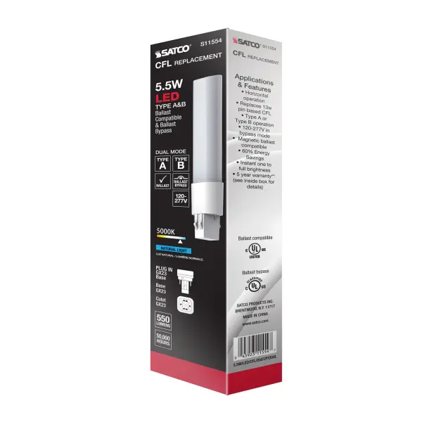 5.5 Watt LED PL 2-PIN Dual Mode - 5000K - 550 Lumens - GX23 base - 50000 Average rated hours - 120 deg. Beam Angle - Type A/B Ballast Dependent or Ballast Bypass - 120-277 Volt - Image 14