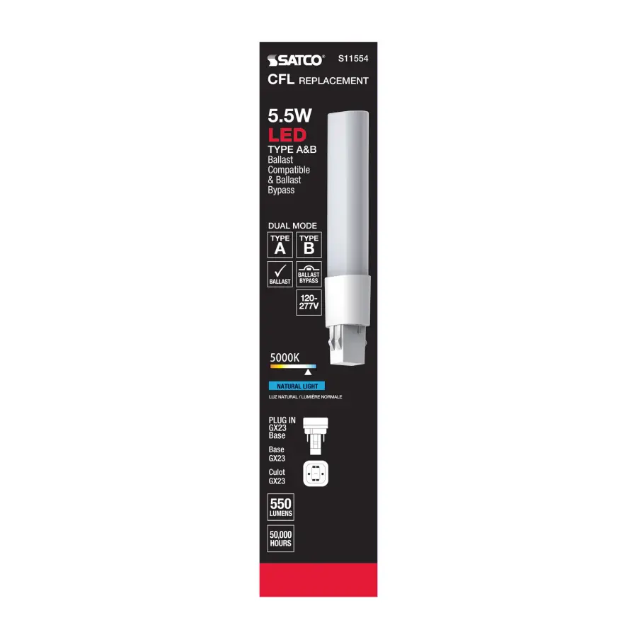 5.5 Watt LED PL 2-PIN Dual Mode - 5000K - 550 Lumens - GX23 base - 50000 Average rated hours - 120 deg. Beam Angle - Type A/B Ballast Dependent or Ballast Bypass - 120-277 Volt - Image 8