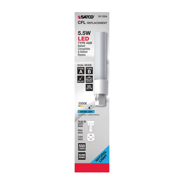 5.5 Watt LED PL 2-PIN Dual Mode - 5000K - 550 Lumens - GX23 base - 50000 Average rated hours - 120 deg. Beam Angle - Type A/B Ballast Dependent or Ballast Bypass - 120-277 Volt - Image 9