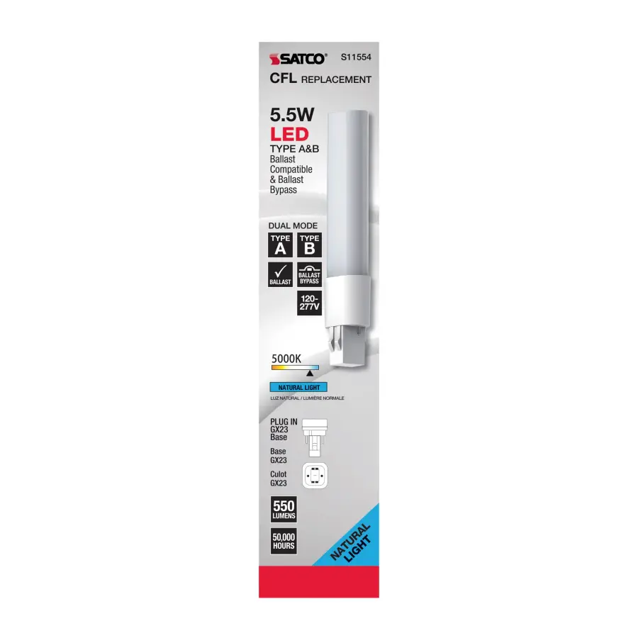 5.5 Watt LED PL 2-PIN Dual Mode - 5000K - 550 Lumens - GX23 base - 50000 Average rated hours - 120 deg. Beam Angle - Type A/B Ballast Dependent or Ballast Bypass - 120-277 Volt - Image 9