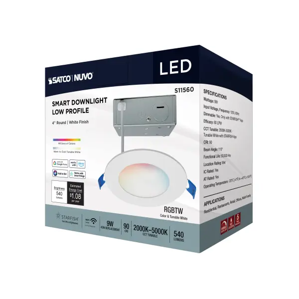 9 Watt - LED Direct Wire - Low Profile Downlight - 4 Inch Round - Starfish IOT - Tunable White and RGB - 120 Volt - 90 CRI - White Finish - Image 11