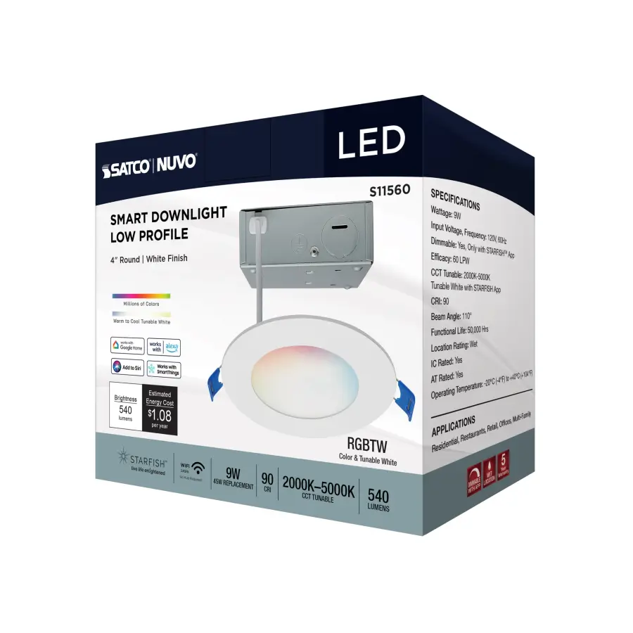 9 Watt - LED Direct Wire - Low Profile Downlight - 4 Inch Round - Starfish IOT - Tunable White and RGB - 120 Volt - 90 CRI - White Finish - Image 11