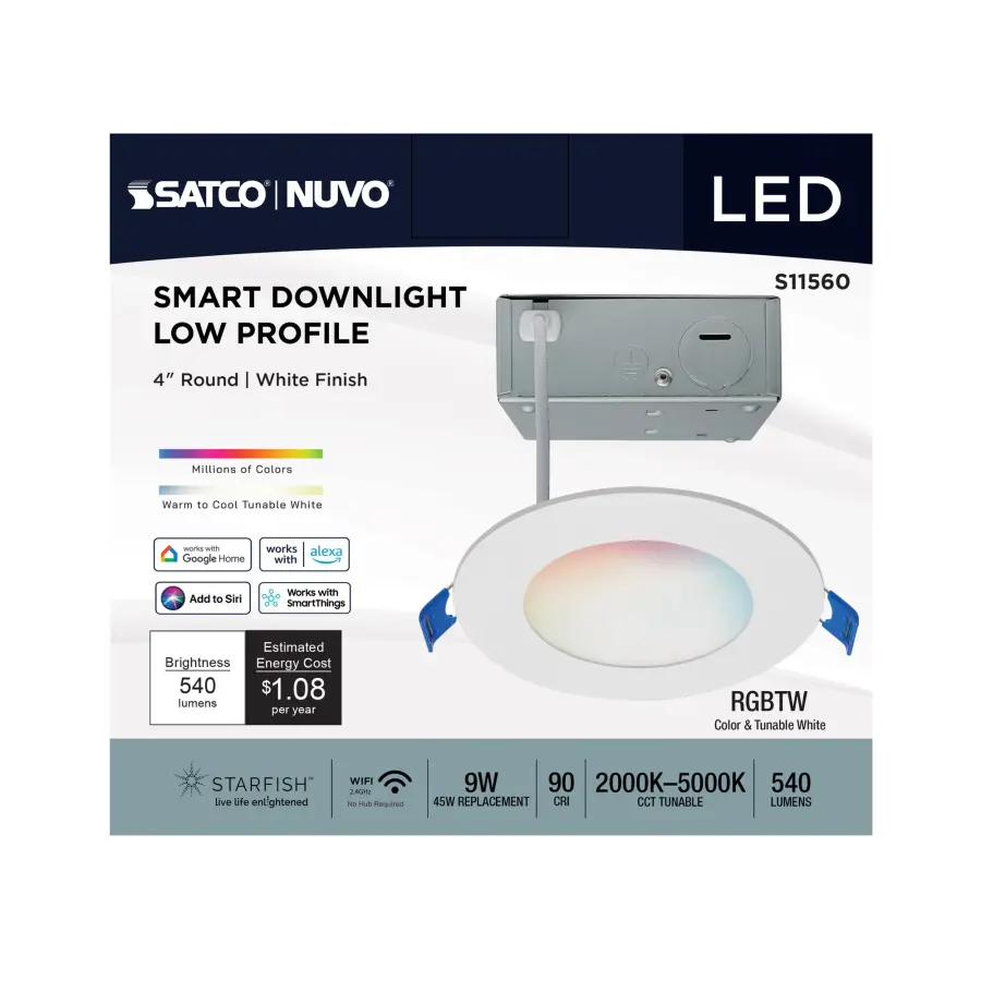9 Watt - LED Direct Wire - Low Profile Downlight - 4 Inch Round - Starfish IOT - Tunable White and RGB - 120 Volt - 90 CRI - White Finish - Image 6