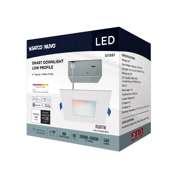 9 Watt - LED Direct Wire - Low Profile Downlight - 4 Inch Square - Starfish IOT - Tunable White and RGB - 120 Volt - 90 CRI - White Finish - Image 11