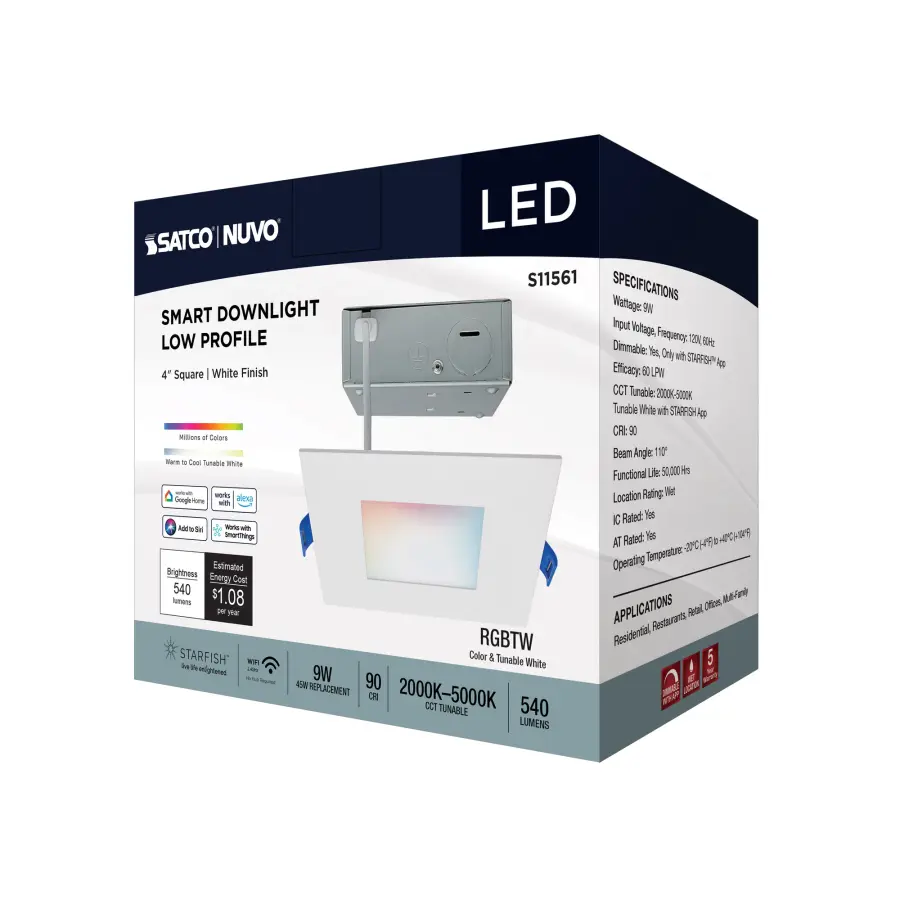 9 Watt - LED Direct Wire - Low Profile Downlight - 4 Inch Square - Starfish IOT - Tunable White and RGB - 120 Volt - 90 CRI - White Finish - Image 11