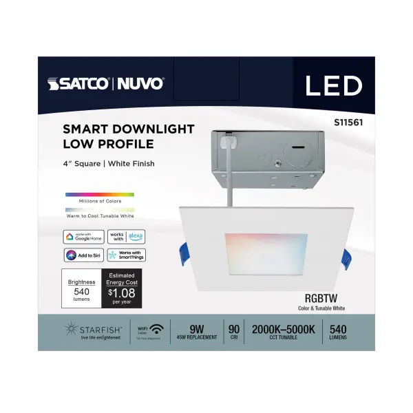 9 Watt - LED Direct Wire - Low Profile Downlight - 4 Inch Square - Starfish IOT - Tunable White and RGB - 120 Volt - 90 CRI - White Finish - Image 6