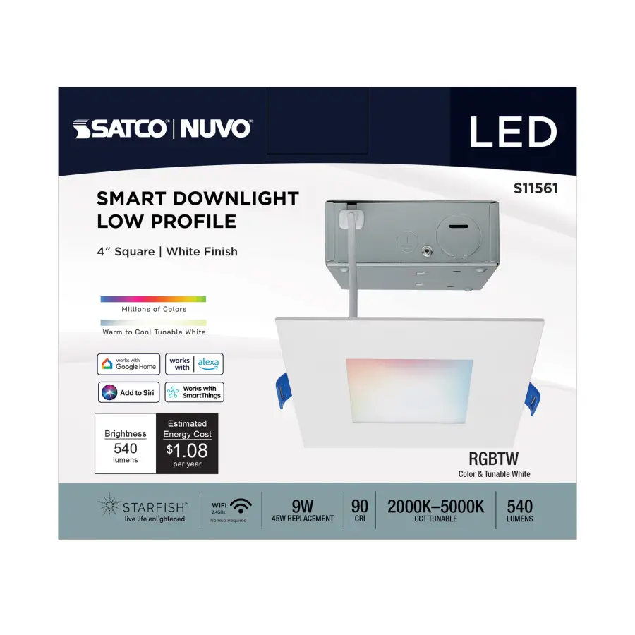 9 Watt - LED Direct Wire - Low Profile Downlight - 4 Inch Square - Starfish IOT - Tunable White and RGB - 120 Volt - 90 CRI - White Finish - Image 6