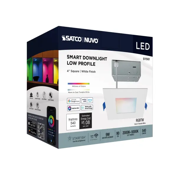 9 Watt - LED Direct Wire - Low Profile Downlight - 4 Inch Square - Starfish IOT - Tunable White and RGB - 120 Volt - 90 CRI - White Finish - Image 10