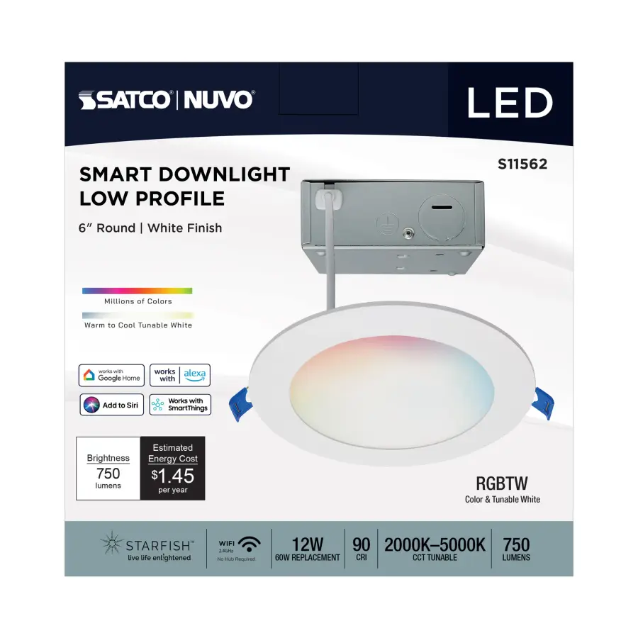 12 Watt - LED Direct Wire - Low Profile Downlight - 6 Inch Round - Starfish IOT - Tunable White and RGB - 120 Volt - 90 CRI - White Finish - Image 6