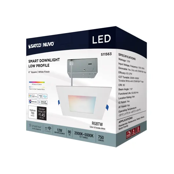 12 Watt - LED Direct Wire - Low Profile Downlight - 6 Inch Square - Starfish IOT - Tunable White and RGB - 120 Volt - 90 CRI - White Finish - Image 11