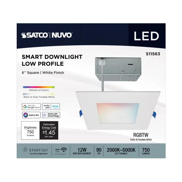 12 Watt - LED Direct Wire - Low Profile Downlight - 6 Inch Square - Starfish IOT - Tunable White and RGB - 120 Volt - 90 CRI - White Finish - Image 6