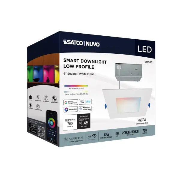 12 Watt - LED Direct Wire - Low Profile Downlight - 6 Inch Square - Starfish IOT - Tunable White and RGB - 120 Volt - 90 CRI - White Finish - Image 10