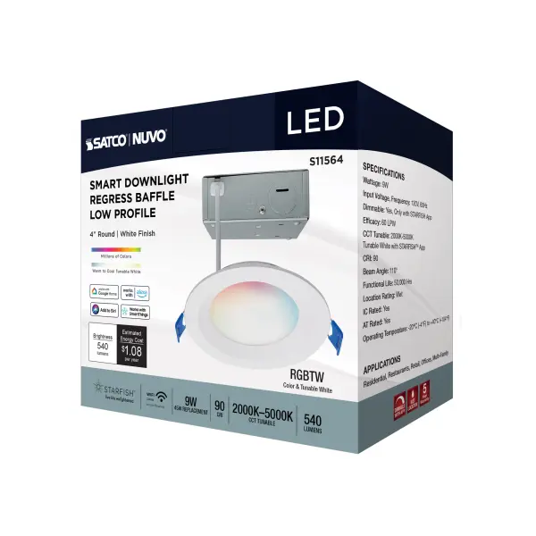 9 Watt - LED Direct Wire - Low Profile Regress Baffle Downlight - 4 Inch Round - Starfish IOT - Tunable White and RGB - 120 Volt - 90 CRI - White Finish - Image 11
