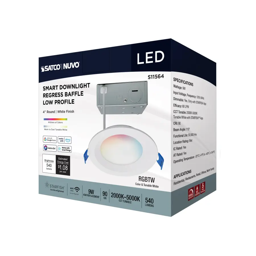 9 Watt - LED Direct Wire - Low Profile Regress Baffle Downlight - 4 Inch Round - Starfish IOT - Tunable White and RGB - 120 Volt - 90 CRI - White Finish - Image 11