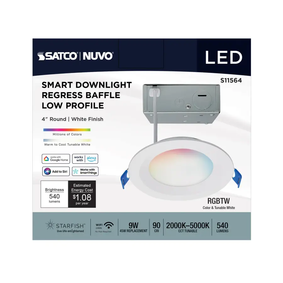 9 Watt - LED Direct Wire - Low Profile Regress Baffle Downlight - 4 Inch Round - Starfish IOT - Tunable White and RGB - 120 Volt - 90 CRI - White Finish - Image 6