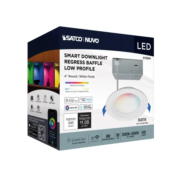 9 Watt - LED Direct Wire - Low Profile Regress Baffle Downlight - 4 Inch Round - Starfish IOT - Tunable White and RGB - 120 Volt - 90 CRI - White Finish - Image 10