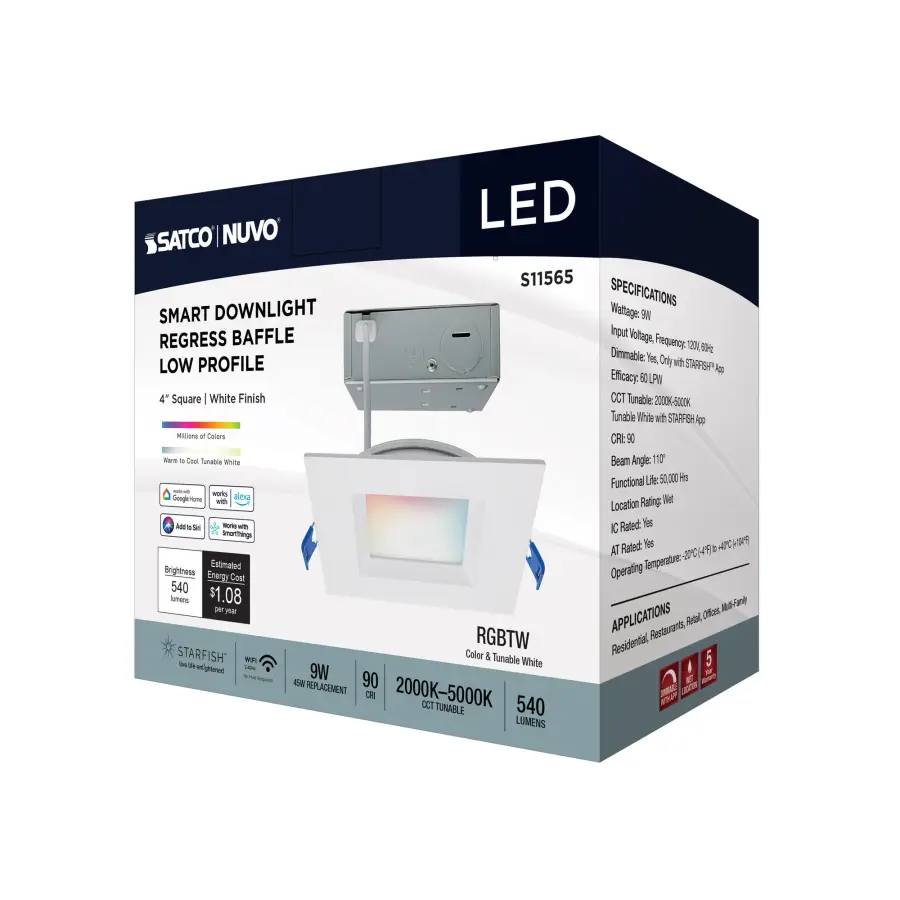 9 Watt - LED Direct Wire - Low Profile Regress Baffle Downlight - 4 Inch Square - Starfish IOT - Tunable White and RGB - 120 Volt - 90 CRI - White Finish - Image 11