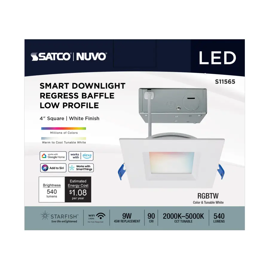 9 Watt - LED Direct Wire - Low Profile Regress Baffle Downlight - 4 Inch Square - Starfish IOT - Tunable White and RGB - 120 Volt - 90 CRI - White Finish - Image 6