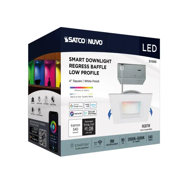 9 Watt - LED Direct Wire - Low Profile Regress Baffle Downlight - 4 Inch Square - Starfish IOT - Tunable White and RGB - 120 Volt - 90 CRI - White Finish - Image 10
