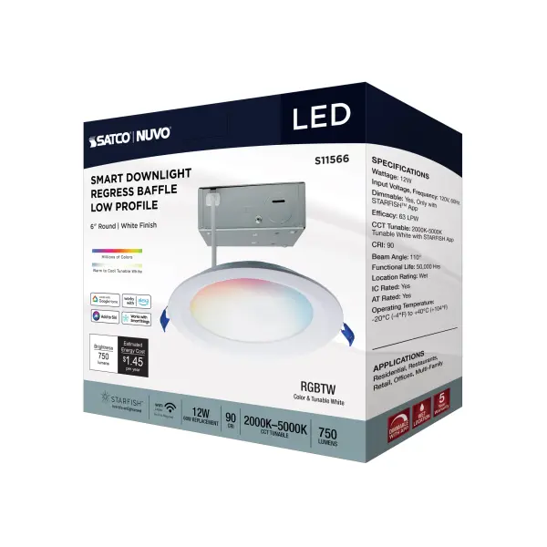 12 Watt - LED Direct Wire - Low Profile Regress Baffle Downlight - 6 Inch Round - Starfish IOT - Tunable White and RGB - 120 Volt - 90 CRI - White Finish - Image 11