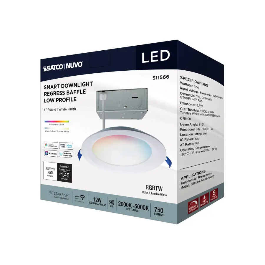 12 Watt - LED Direct Wire - Low Profile Regress Baffle Downlight - 6 Inch Round - Starfish IOT - Tunable White and RGB - 120 Volt - 90 CRI - White Finish - Image 11