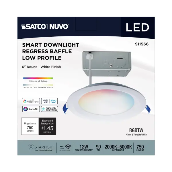 12 Watt - LED Direct Wire - Low Profile Regress Baffle Downlight - 6 Inch Round - Starfish IOT - Tunable White and RGB - 120 Volt - 90 CRI - White Finish - Image 6