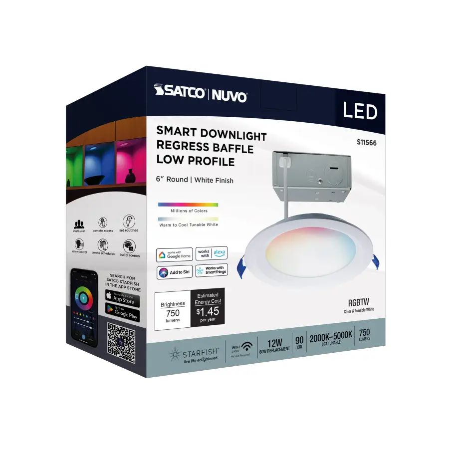 12 Watt - LED Direct Wire - Low Profile Regress Baffle Downlight - 6 Inch Round - Starfish IOT - Tunable White and RGB - 120 Volt - 90 CRI - White Finish - Image 10
