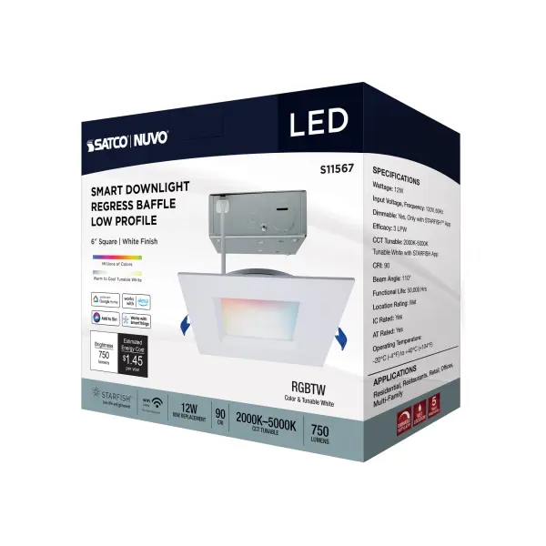 12 Watt - LED Direct Wire - Low Profile Regress Baffle Downlight - 6 Inch Square - Starfish IOT - Tunable White and RGB - 120 Volt - 90 CRI - White Finish - Image 11