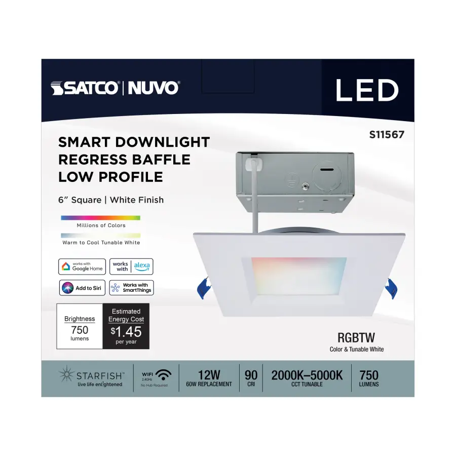 12 Watt - LED Direct Wire - Low Profile Regress Baffle Downlight - 6 Inch Square - Starfish IOT - Tunable White and RGB - 120 Volt - 90 CRI - White Finish - Image 6