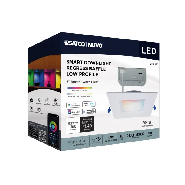12 Watt - LED Direct Wire - Low Profile Regress Baffle Downlight - 6 Inch Square - Starfish IOT - Tunable White and RGB - 120 Volt - 90 CRI - White Finish - Image 10
