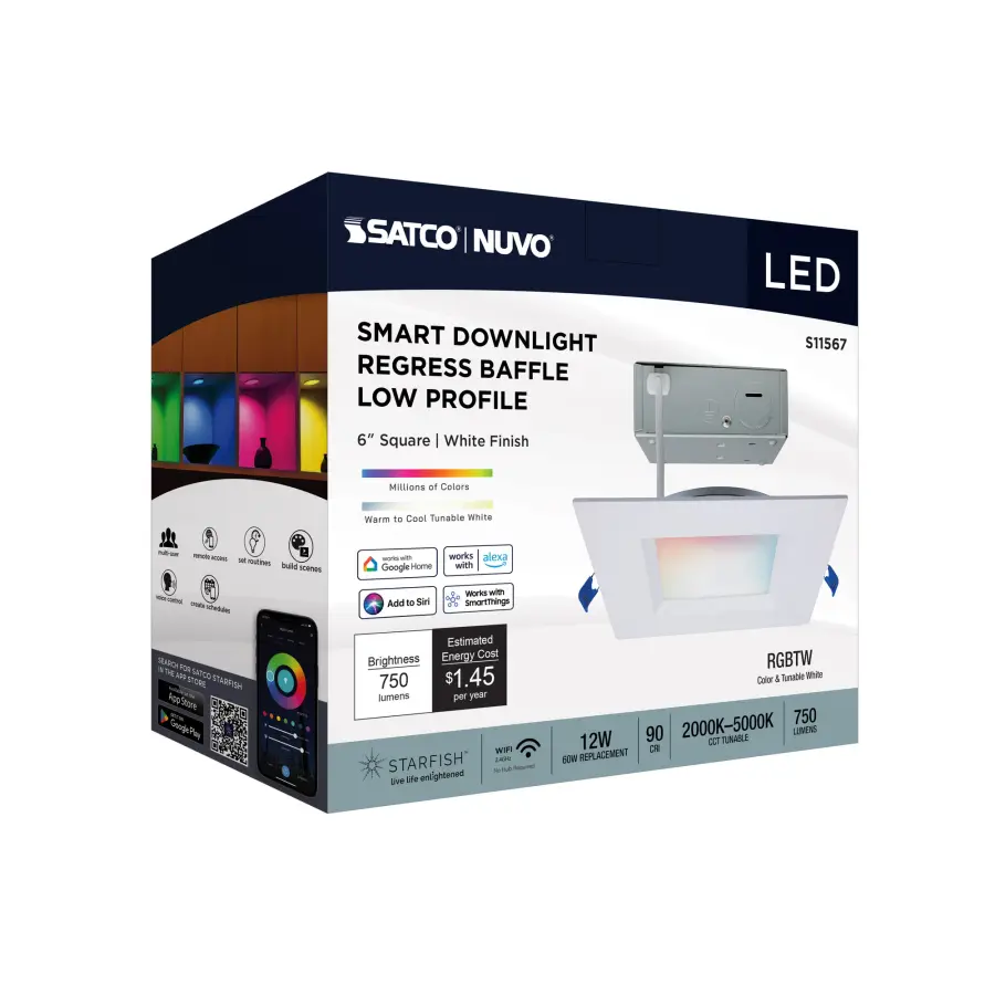 12 Watt - LED Direct Wire - Low Profile Regress Baffle Downlight - 6 Inch Square - Starfish IOT - Tunable White and RGB - 120 Volt - 90 CRI - White Finish - Image 10